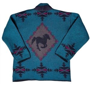 VTG Coldwater Creek Wool Cardigan Sweater M Equestrian Horse Aztec Cowichan USA